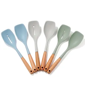 6-piece heat-resistant silicone kitchen utensil set with natural wooden handles
