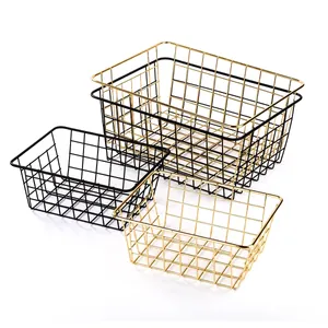 Minimalist wire mesh storage baskets in gold and black for kitchen and home organization