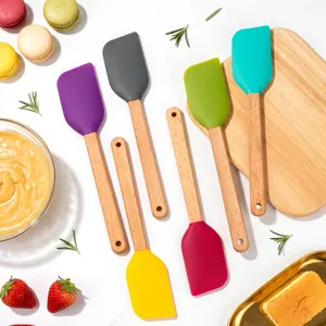 Juego de espátulas de silicona de colores con mangos de madera para repostería