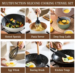 Detailed views of silicone cooking utensils with wooden handles used in various recipes