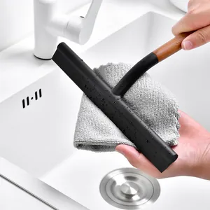 Handheld silicone squeegee with wooden handle for window and countertop cleaning