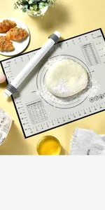 Professional macro view of a silicone pastry mat with dough and a scaled rolling pin