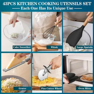 Comprehensive 43-piece kitchen cooking utensil set with whisk, spatula and grater