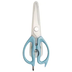 Professional stainless steel kitchen scissors with protective sleeve and blue handle