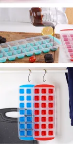 Detailed view showing 21-grid silicone ice cube trays for easy release and hanging storage