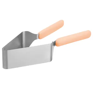Stainless steel triangle cake transfer tool with orange handles on white background