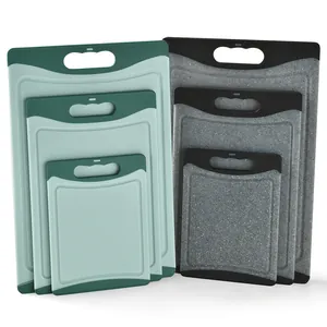 Durable set of 3 non-slip PP plastic cutting boards in green and marble grey finish