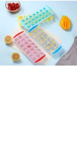 Detail view of 21-grid silicone ice cube trays with fresh fruit on blue background