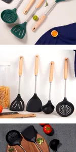 Vista detallada del juego de utensilios de cocina de silicona resistente al calor con mangos
