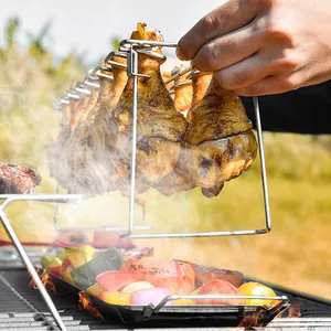Soporte plegable de acero inoxidable para muslos de pollo con bandeja de goteo BBQ