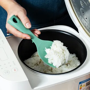 Non-stick green silicone rice spoon with long handle and hanging hole