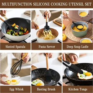 6-piece silicone cooking utensil set with wooden handles for non-stick cookware