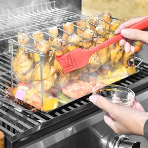 Soporte de Acero Inoxidable para Muslos de Pollo Con Bandeja de Goteo Parrilla Plegable para Barbacoa Ahumador Horno Camping