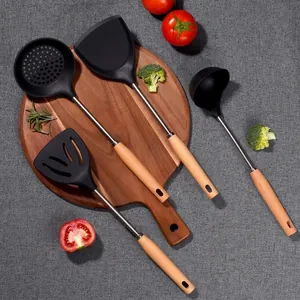 Utensilios de Cocina de Silicona de Grado Alimenticio Mango de Madera de Haya Natural Resistente al Calor Antiadherente Espátula Volteador Ranurado Cucharón de Sopa