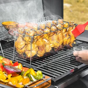 Soporte plegable de acero inoxidable para muslos de pollo con bandeja de goteo para parrilla BBQ