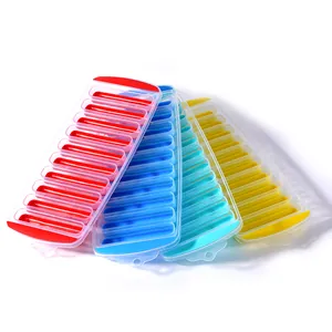 Set of four colorful long strip ice cube trays with lids for water bottles and whiskey.