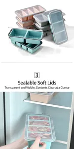 Détail du bac de congélation en silicone avec couvercle hermétique transparent au frigo.