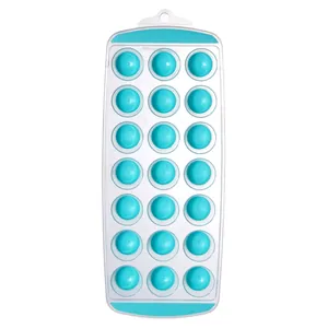 Rectangle ice cube tray with 21 round molds and teal soft bottom for easy release