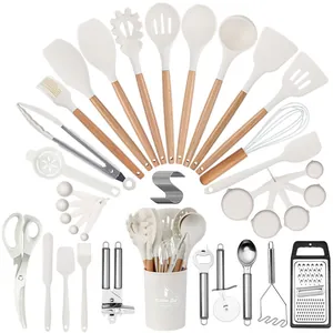 Juego de 44 utensilios de cocina de silicona blanca con mangos de madera para sartenes antiadherentes