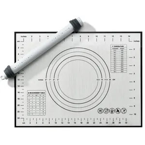 Adjustable silicone rolling pin set with non-stick pastry mat and measurements for baking