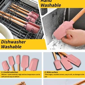 Professional pink silicone spatula set with wooden handles for baking and cooking