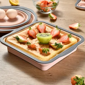 Square collapsible silicone cake mold with baked sponge cake and fresh fruit toppings