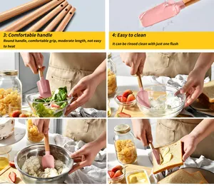 Detail shots of pink silicone spatula being used for mixing salad and spreading butter
