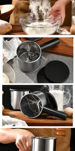 Detailed view of a stainless steel flour sifter with 500ml scale and fine rotary mesh