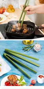 Professional one-piece green silicone cooking tongs used for grilling steak and barbecue