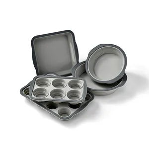 Collapsible grey silicone bakeware set with round, square, muffin, and loaf pans