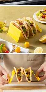 Yellow plastic taco holder stand showing pancake presentation and hand-holding detail