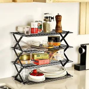 Estante de Almacenamiento de Cocina Apilable de Acero Inoxidable Negro Organizador de Gabinete Plegable Porta Especias Rejilla de Secado de Mostrador Organización Hogar Cocina