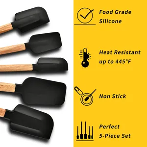 Professional food grade 5-piece black silicone spatula set with heat resistant wooden handles