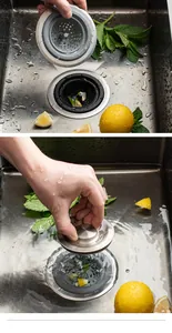 Close-up of a 304 stainless steel kitchen sink strainer and drain plug in a wet sink