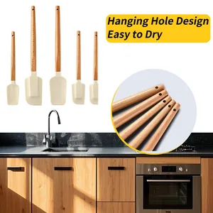 5-piece silicone spatula set with wooden handles and hanging hole design for baking