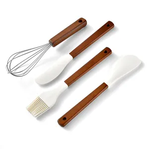 Professional 4-piece silicone baking tool set featuring wooden handles and white silicone heads