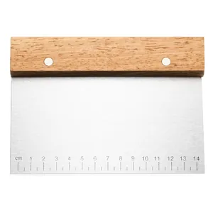 Stainless steel dough scraper with wooden handle and centimeter scale measurements