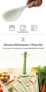 Primo piano del set di utensili da cucina in silicone punteggiato verde chiaro con icone