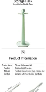 Dimensioni e specifiche del set di utensili da cucina in silicone verde con effetto puntinato