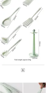 Dimensioni del set di 7 utensili da cucina in silicone verde maculato con base.