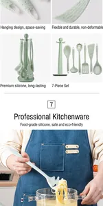 Dettaglio del set di 7 utensili da cucina in silicone verde punteggiato per cucinare