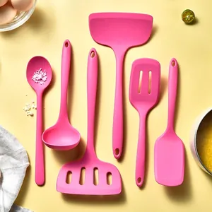 Heat Resistant Pink Silicone Kitchen Utensil Set Non-Stick Spatula Slotted Turner Soup Spoon Cooking Tools Set For Kitchen