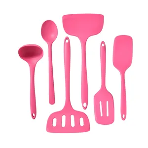 6-piece heat resistant silicone kitchen utensil set in vibrant pink for non-stick cooking