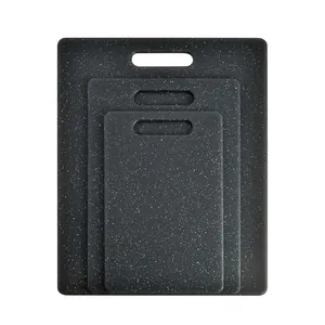 Set of 3 black granite-textured plastic PP cutting boards with integrated carrying handles