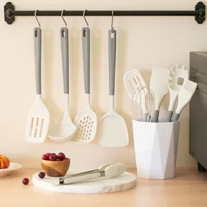 Heat Resistant Silicone Kitchen Utensil Collection Cream White Cooking Tools With Gray Handle Non-Stick Turner Soup Ladle Spatula Whisk Tongs Pasta Server With Storage Bucket Modern Minimalist Home Kitchenware