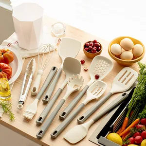 Premium 11-piece cream and grey silicone kitchen utensil set for non-stick cookware