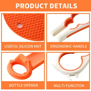 Close-up details of multi-functional jar opener set with silicon mat and ergonomic handle.