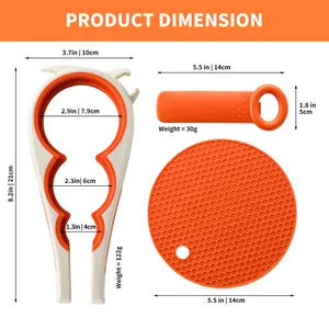 Detailed dimensions of 3-piece jar opener set including gripper and bottle opener