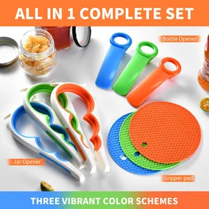 Detail view of 3-piece multi-functional kitchen opener set in vibrant blue, green, and orange