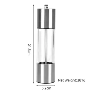Manual stainless steel and acrylic pepper grinder with 21.5cm height and 281g weight
